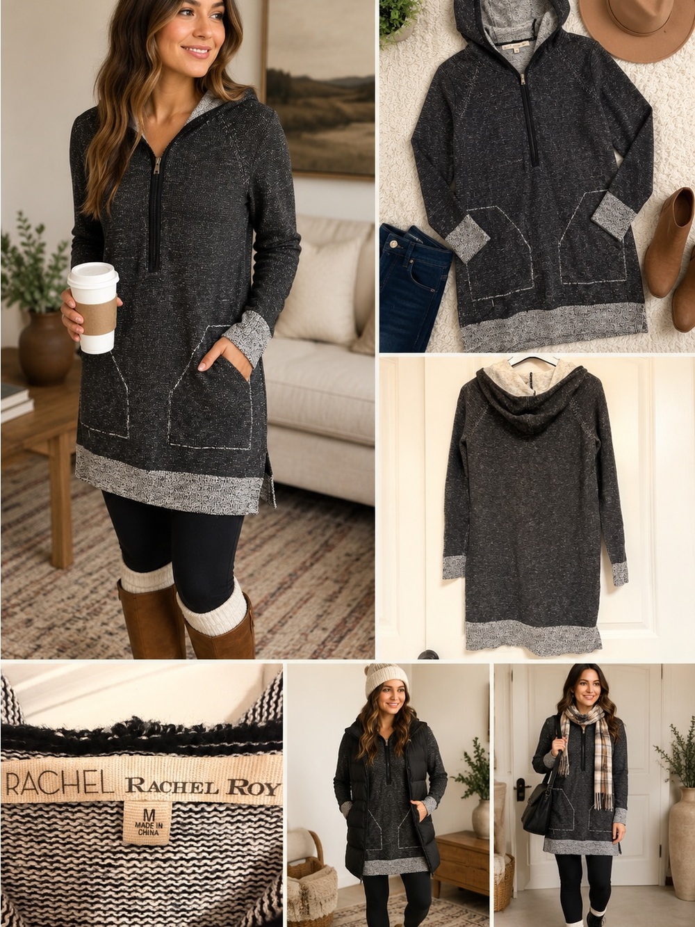 Rachel Roy Black & Gray Hooded Tunic Sweater Dress